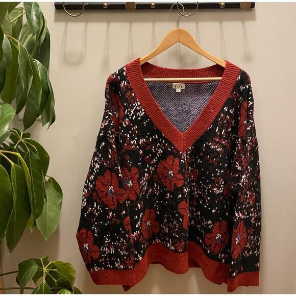 POL Oversized Knit Sweater | Floral Embroidery, Balloon Sleeves, Black, NWOT, L - Picture 3 of 9